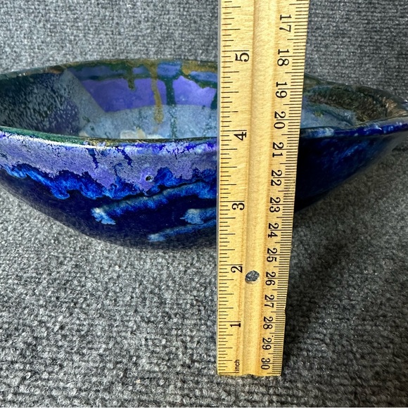 Vintage pottery bowl drip glaze cobalt purple angular centerpiece fruit 10x10x4 - Picture 8 of 10